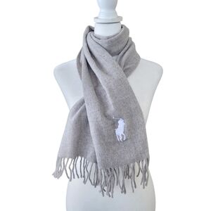 Polo Ralph Lauren 100% Lambs Wool Big Pony Scarf Gray W Fringe